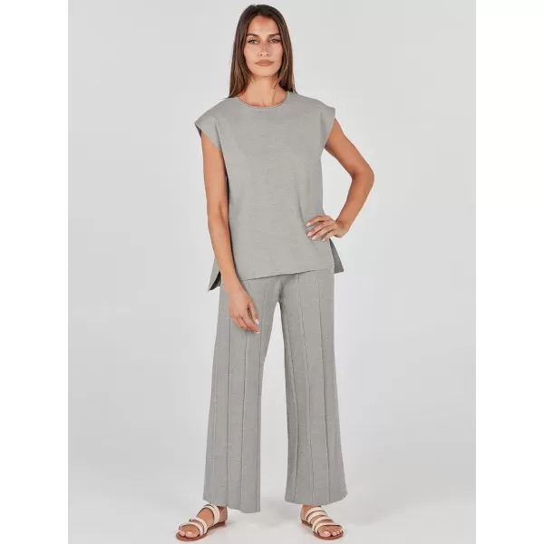 imageANRABESS Two Piece Outfits for Women Summer Sweater Sets Knit Pullover Tops Elastic Waisted Pants Lounge Sets TracksuitGrey