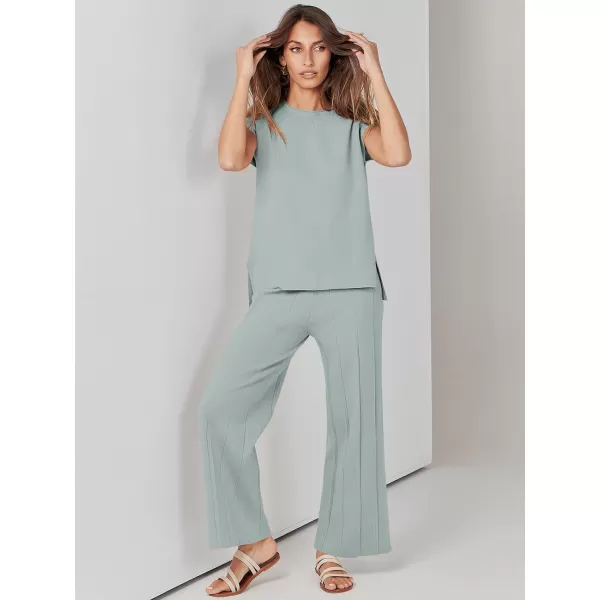 imageANRABESS Two Piece Outfits for Women Summer Sweater Sets Knit Pullover Tops Elastic Waisted Pants Lounge Sets TracksuitGrey Green