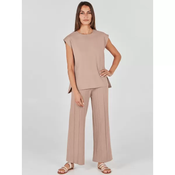 imageANRABESS Two Piece Outfits for Women Summer Sweater Sets Knit Pullover Tops Elastic Waisted Pants Lounge Sets TracksuitKhaki