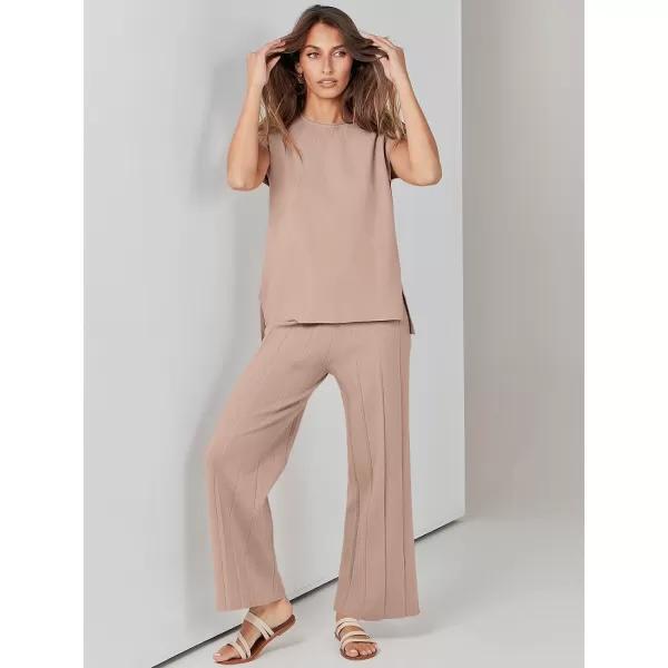 imageANRABESS Two Piece Outfits for Women Summer Sweater Sets Knit Pullover Tops Elastic Waisted Pants Lounge Sets TracksuitKhaki