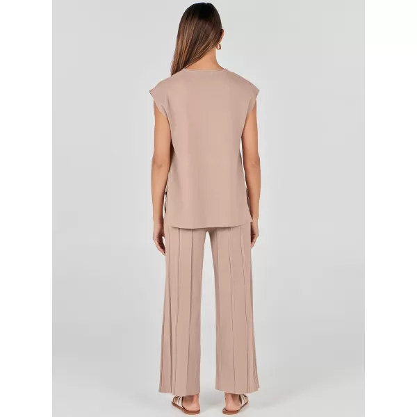 imageANRABESS Two Piece Outfits for Women Summer Sweater Sets Knit Pullover Tops Elastic Waisted Pants Lounge Sets TracksuitKhaki