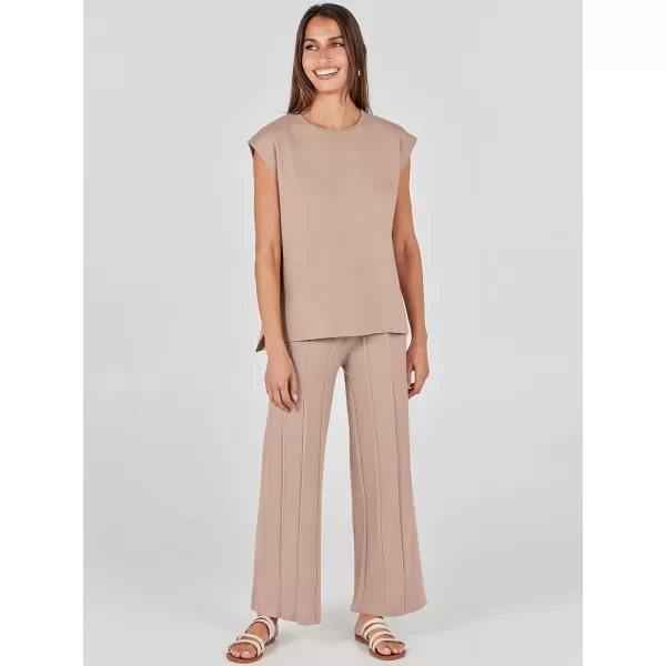 imageANRABESS Two Piece Outfits for Women Summer Sweater Sets Knit Pullover Tops Elastic Waisted Pants Lounge Sets TracksuitKhaki
