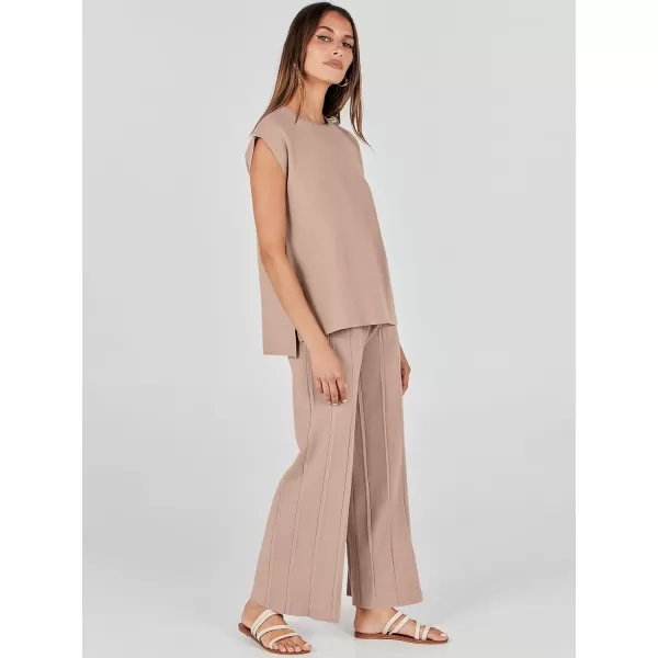 imageANRABESS Two Piece Outfits for Women Summer Sweater Sets Knit Pullover Tops Elastic Waisted Pants Lounge Sets TracksuitKhaki