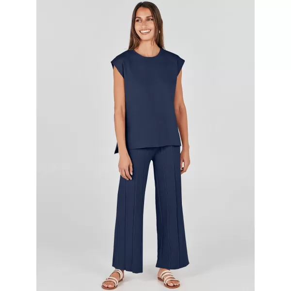 imageANRABESS Two Piece Outfits for Women Summer Sweater Sets Knit Pullover Tops Elastic Waisted Pants Lounge Sets TracksuitNavy Blue