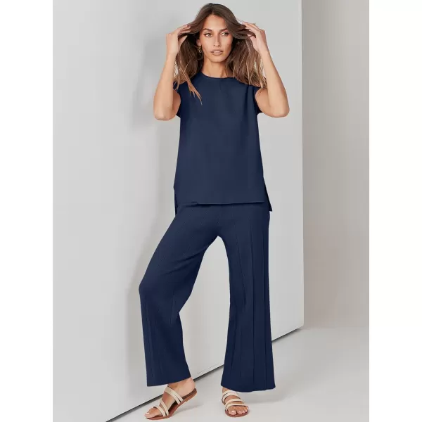 imageANRABESS Two Piece Outfits for Women Summer Sweater Sets Knit Pullover Tops Elastic Waisted Pants Lounge Sets TracksuitNavy Blue