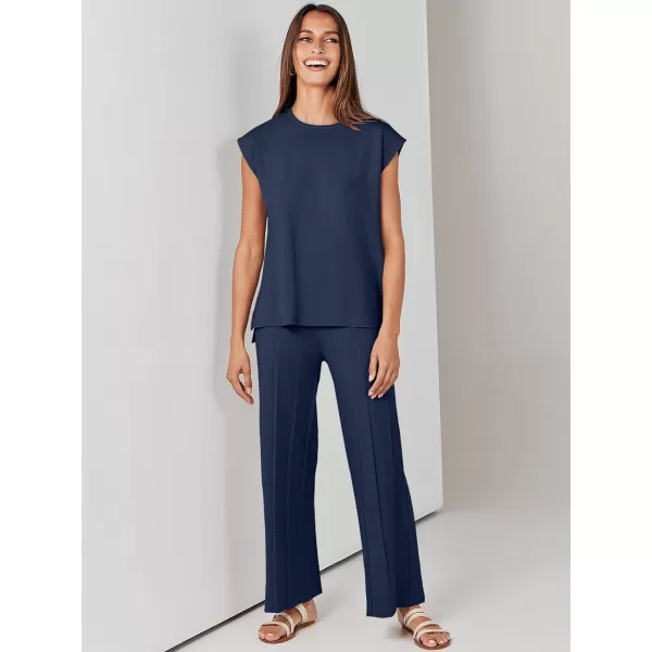 imageANRABESS Two Piece Outfits for Women Summer Sweater Sets Knit Pullover Tops Elastic Waisted Pants Lounge Sets TracksuitNavy Blue