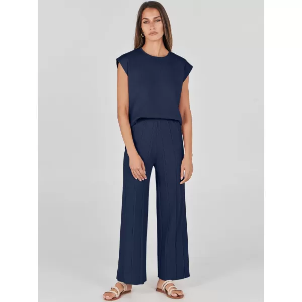 imageANRABESS Two Piece Outfits for Women Summer Sweater Sets Knit Pullover Tops Elastic Waisted Pants Lounge Sets TracksuitNavy Blue