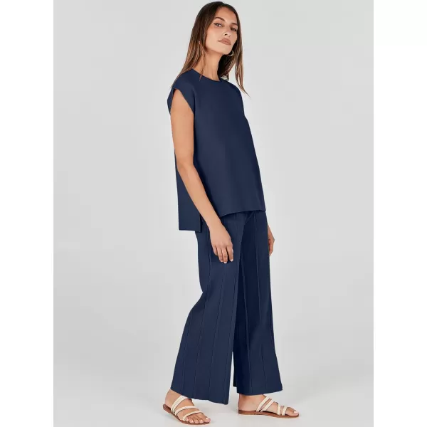 imageANRABESS Two Piece Outfits for Women Summer Sweater Sets Knit Pullover Tops Elastic Waisted Pants Lounge Sets TracksuitNavy Blue