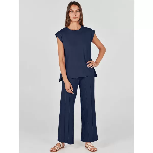 imageANRABESS Two Piece Outfits for Women Summer Sweater Sets Knit Pullover Tops Elastic Waisted Pants Lounge Sets TracksuitNavy Blue
