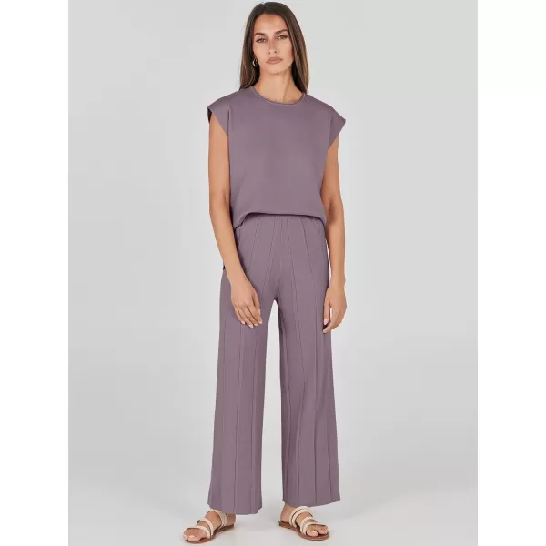 imageANRABESS Two Piece Outfits for Women Summer Sweater Sets Knit Pullover Tops Elastic Waisted Pants Lounge Sets TracksuitPurple