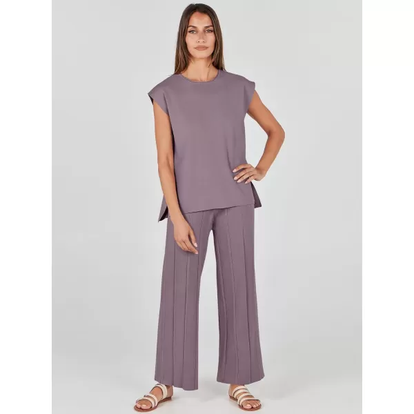 imageANRABESS Two Piece Outfits for Women Summer Sweater Sets Knit Pullover Tops Elastic Waisted Pants Lounge Sets TracksuitPurple
