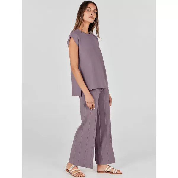 imageANRABESS Two Piece Outfits for Women Summer Sweater Sets Knit Pullover Tops Elastic Waisted Pants Lounge Sets TracksuitPurple