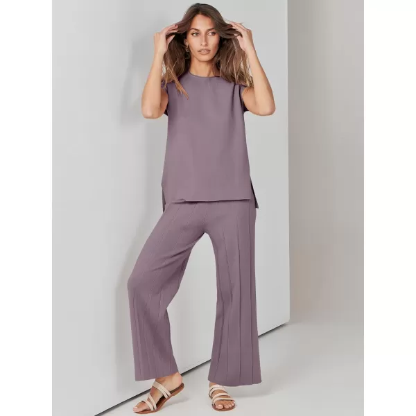 imageANRABESS Two Piece Outfits for Women Summer Sweater Sets Knit Pullover Tops Elastic Waisted Pants Lounge Sets TracksuitPurple