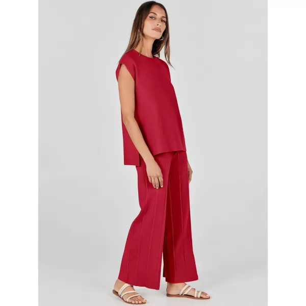 imageANRABESS Two Piece Outfits for Women Summer Sweater Sets Knit Pullover Tops Elastic Waisted Pants Lounge Sets TracksuitRed