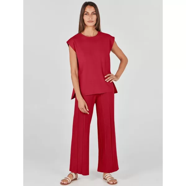 imageANRABESS Two Piece Outfits for Women Summer Sweater Sets Knit Pullover Tops Elastic Waisted Pants Lounge Sets TracksuitRed