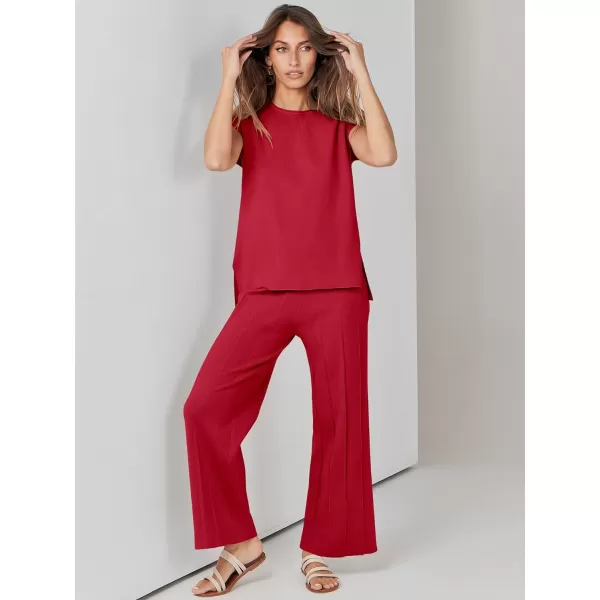 imageANRABESS Two Piece Outfits for Women Summer Sweater Sets Knit Pullover Tops Elastic Waisted Pants Lounge Sets TracksuitRed