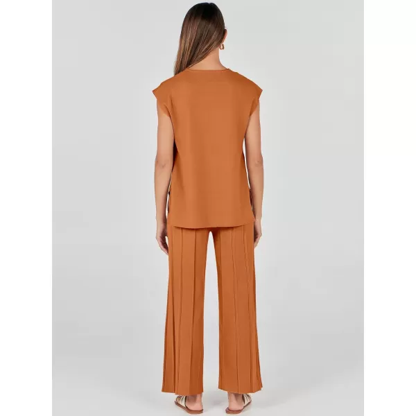 imageANRABESS Two Piece Outfits for Women Summer Sweater Sets Knit Pullover Tops Elastic Waisted Pants Lounge Sets TracksuitRust
