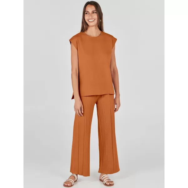 imageANRABESS Two Piece Outfits for Women Summer Sweater Sets Knit Pullover Tops Elastic Waisted Pants Lounge Sets TracksuitRust