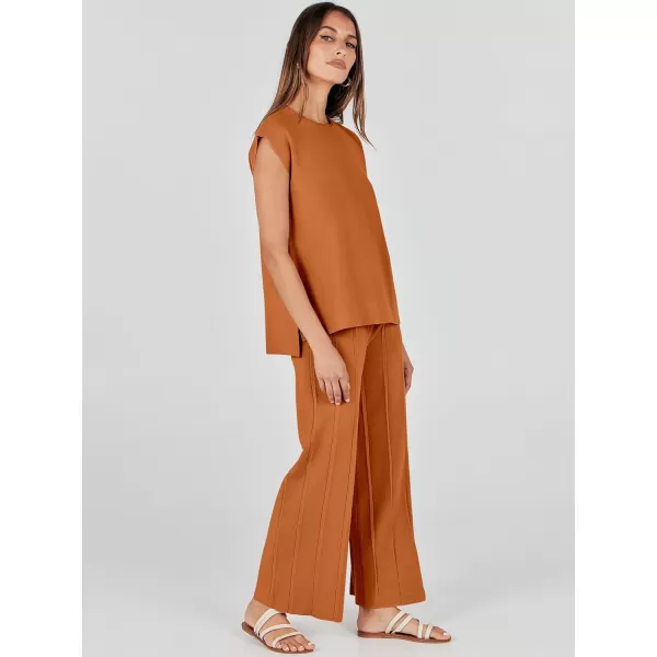 imageANRABESS Two Piece Outfits for Women Summer Sweater Sets Knit Pullover Tops Elastic Waisted Pants Lounge Sets TracksuitRust