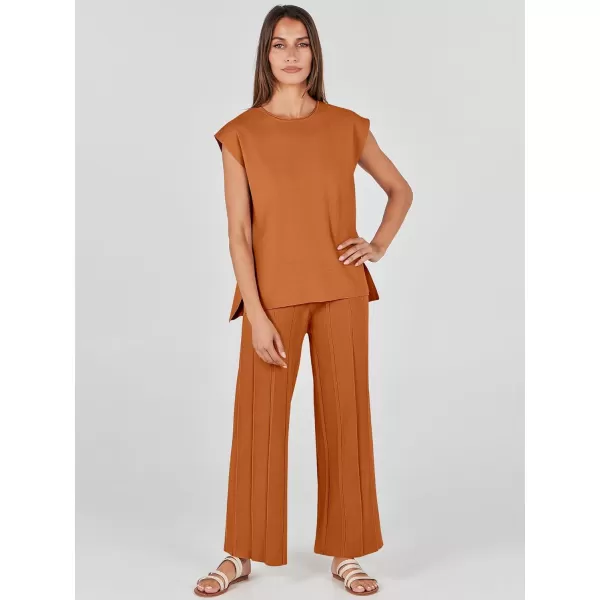 imageANRABESS Two Piece Outfits for Women Summer Sweater Sets Knit Pullover Tops Elastic Waisted Pants Lounge Sets TracksuitRust