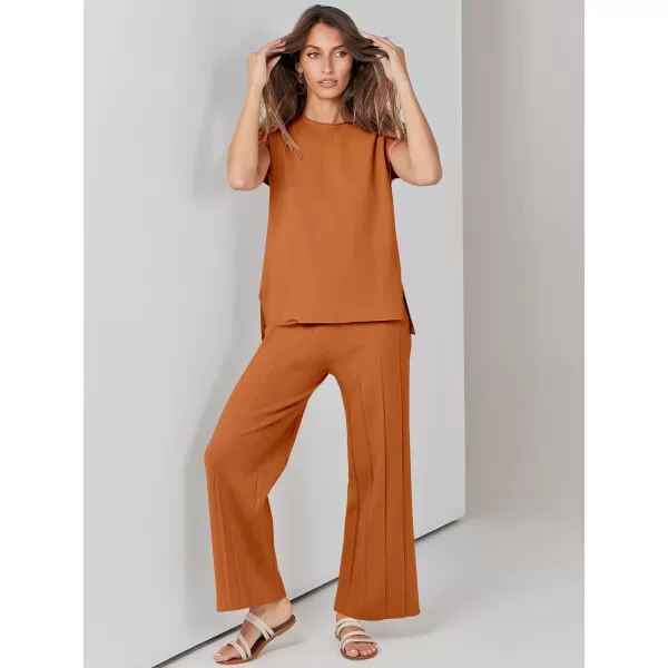 imageANRABESS Two Piece Outfits for Women Summer Sweater Sets Knit Pullover Tops Elastic Waisted Pants Lounge Sets TracksuitRust