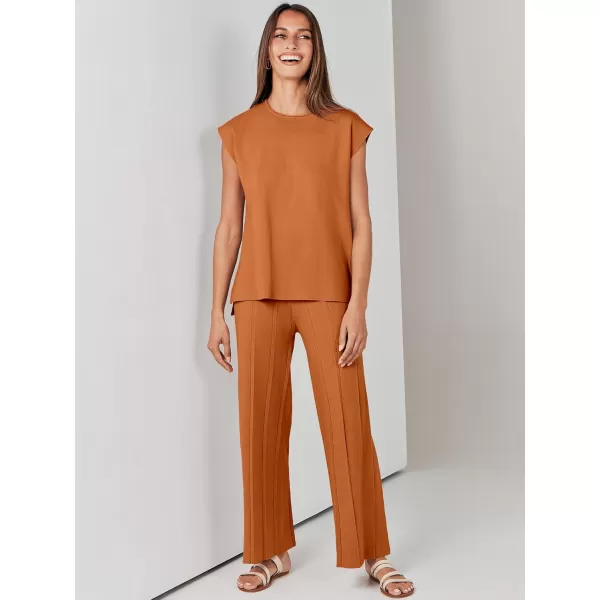 imageANRABESS Two Piece Outfits for Women Summer Sweater Sets Knit Pullover Tops Elastic Waisted Pants Lounge Sets TracksuitRust