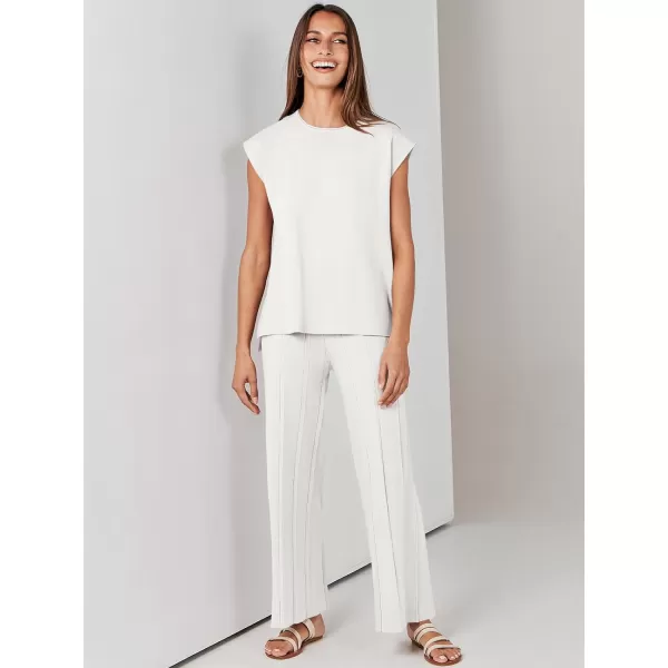 imageANRABESS Two Piece Outfits for Women Summer Sweater Sets Knit Pullover Tops Elastic Waisted Pants Lounge Sets TracksuitWhite