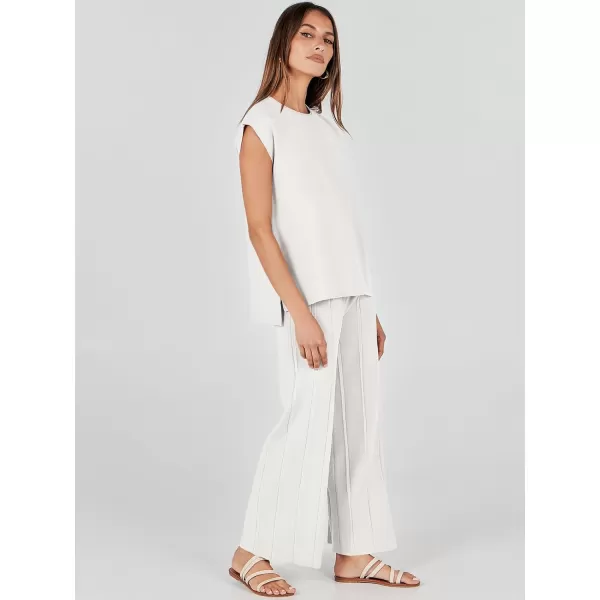 imageANRABESS Two Piece Outfits for Women Summer Sweater Sets Knit Pullover Tops Elastic Waisted Pants Lounge Sets TracksuitWhite