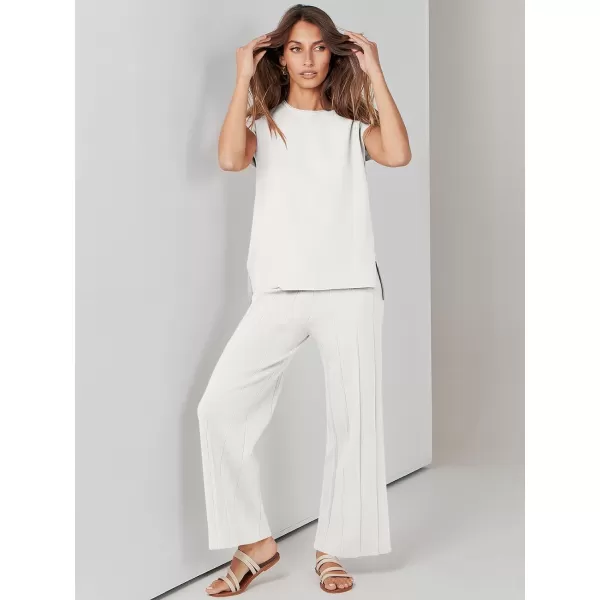 imageANRABESS Two Piece Outfits for Women Summer Sweater Sets Knit Pullover Tops Elastic Waisted Pants Lounge Sets TracksuitWhite