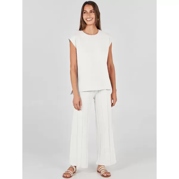 imageANRABESS Two Piece Outfits for Women Summer Sweater Sets Knit Pullover Tops Elastic Waisted Pants Lounge Sets TracksuitWhite