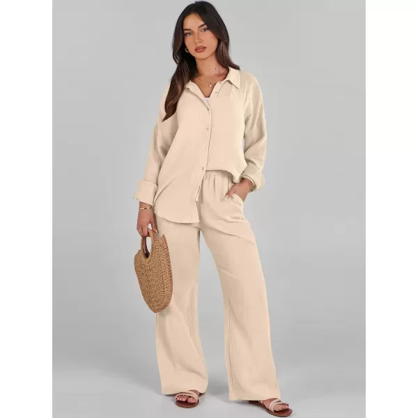 imageANRABESS Women 2 Piece Outfits 2023 Long Sleeve Wide Leg Matching Lounge Sets Fashion Travel Vacation ClothingApricot