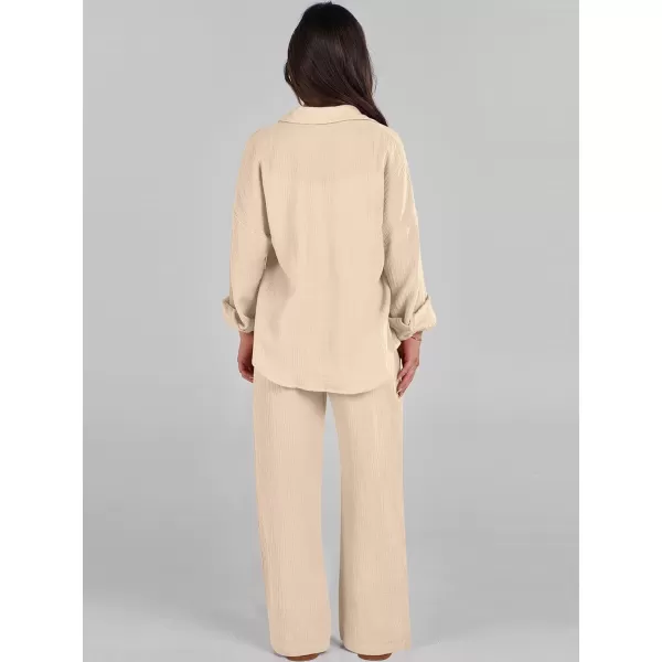 imageANRABESS Women 2 Piece Outfits 2023 Long Sleeve Wide Leg Matching Lounge Sets Fashion Travel Vacation ClothingApricot