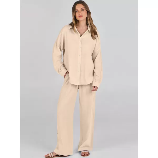 imageANRABESS Women 2 Piece Outfits 2023 Long Sleeve Wide Leg Matching Lounge Sets Fashion Travel Vacation ClothingApricot