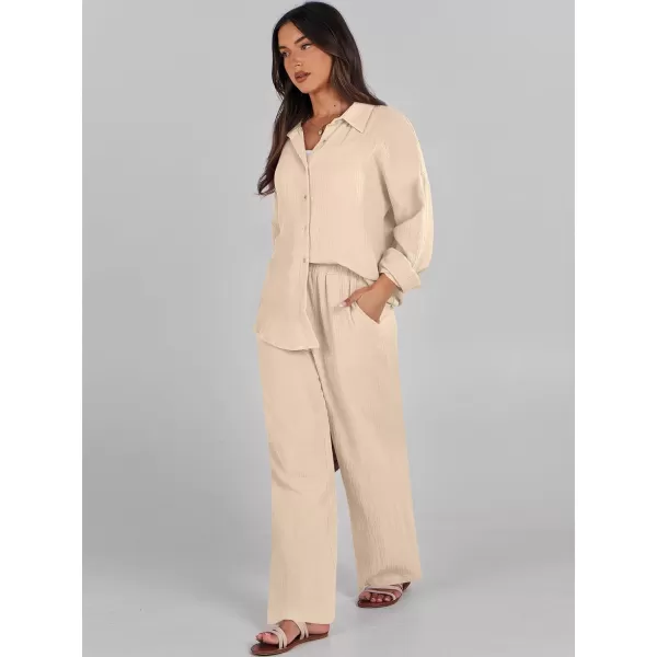 imageANRABESS Women 2 Piece Outfits 2023 Long Sleeve Wide Leg Matching Lounge Sets Fashion Travel Vacation ClothingApricot