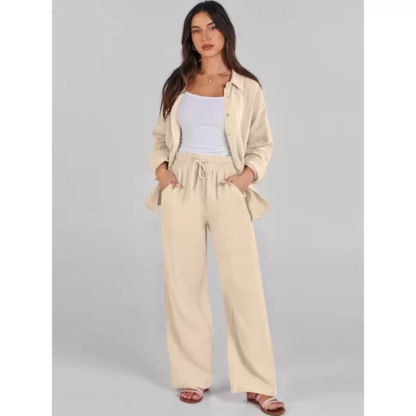 imageANRABESS Women 2 Piece Outfits 2023 Long Sleeve Wide Leg Matching Lounge Sets Fashion Travel Vacation ClothingApricot