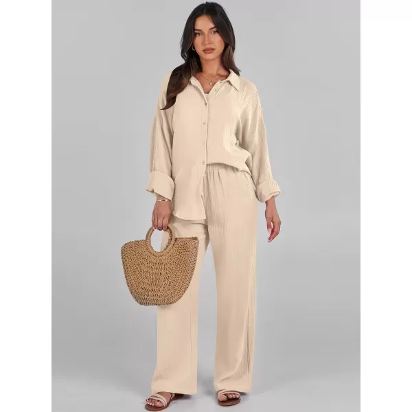 imageANRABESS Women 2 Piece Outfits 2023 Long Sleeve Wide Leg Matching Lounge Sets Fashion Travel Vacation ClothingApricot