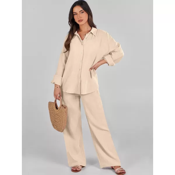 imageANRABESS Women 2 Piece Outfits 2023 Long Sleeve Wide Leg Matching Lounge Sets Fashion Travel Vacation ClothingApricot