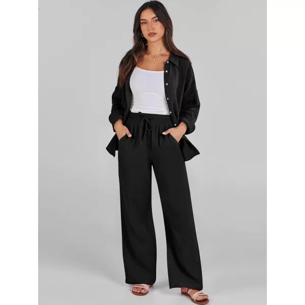 imageANRABESS Women 2 Piece Outfits 2023 Long Sleeve Wide Leg Matching Lounge Sets Fashion Travel Vacation ClothingBlack