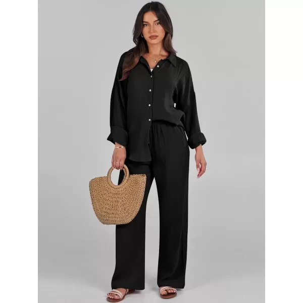 imageANRABESS Women 2 Piece Outfits 2023 Long Sleeve Wide Leg Matching Lounge Sets Fashion Travel Vacation ClothingBlack