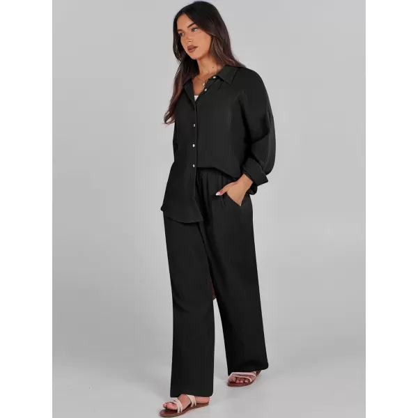 imageANRABESS Women 2 Piece Outfits 2023 Long Sleeve Wide Leg Matching Lounge Sets Fashion Travel Vacation ClothingBlack