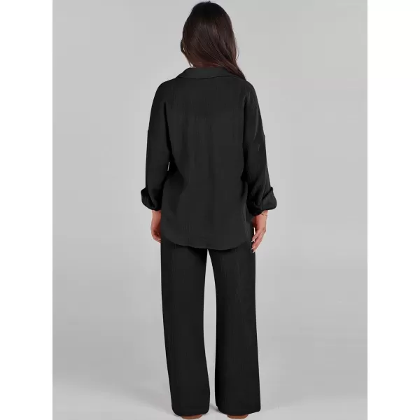 imageANRABESS Women 2 Piece Outfits 2023 Long Sleeve Wide Leg Matching Lounge Sets Fashion Travel Vacation ClothingBlack