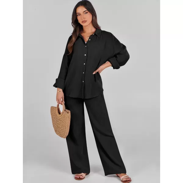 imageANRABESS Women 2 Piece Outfits 2023 Long Sleeve Wide Leg Matching Lounge Sets Fashion Travel Vacation ClothingBlack