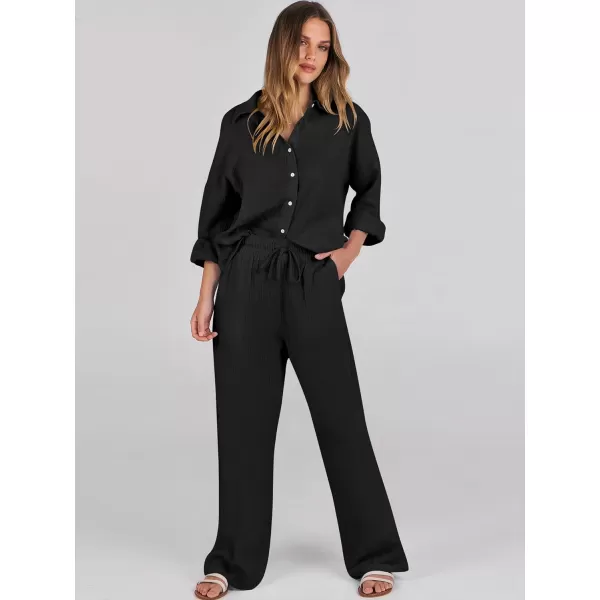 imageANRABESS Women 2 Piece Outfits 2023 Long Sleeve Wide Leg Matching Lounge Sets Fashion Travel Vacation ClothingBlack