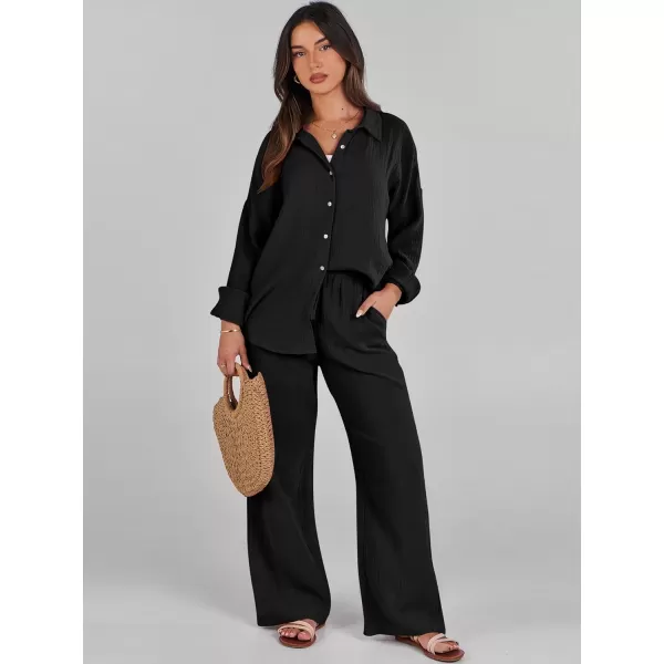 imageANRABESS Women 2 Piece Outfits 2023 Long Sleeve Wide Leg Matching Lounge Sets Fashion Travel Vacation ClothingBlack