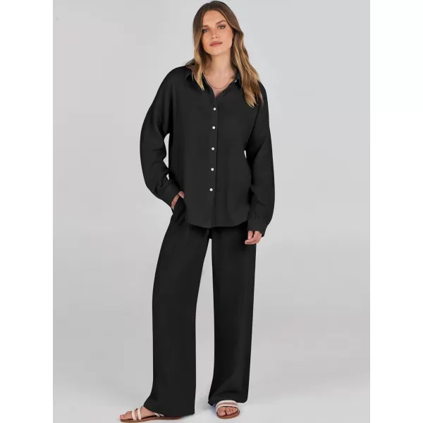 imageANRABESS Women 2 Piece Outfits 2023 Long Sleeve Wide Leg Matching Lounge Sets Fashion Travel Vacation ClothingBlack