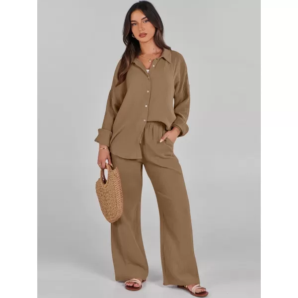imageANRABESS Women 2 Piece Outfits 2023 Long Sleeve Wide Leg Matching Lounge Sets Fashion Travel Vacation ClothingBrown