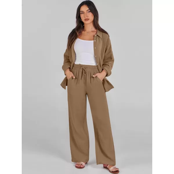 imageANRABESS Women 2 Piece Outfits 2023 Long Sleeve Wide Leg Matching Lounge Sets Fashion Travel Vacation ClothingBrown