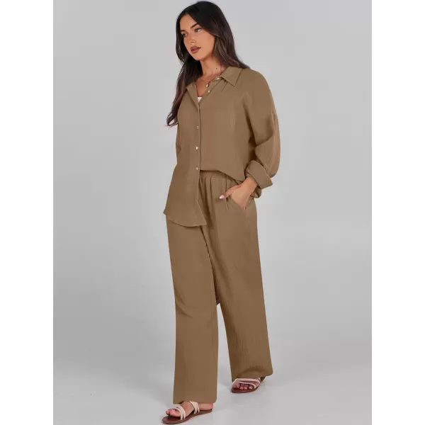 imageANRABESS Women 2 Piece Outfits 2023 Long Sleeve Wide Leg Matching Lounge Sets Fashion Travel Vacation ClothingBrown