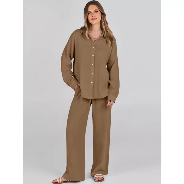 imageANRABESS Women 2 Piece Outfits 2023 Long Sleeve Wide Leg Matching Lounge Sets Fashion Travel Vacation ClothingBrown