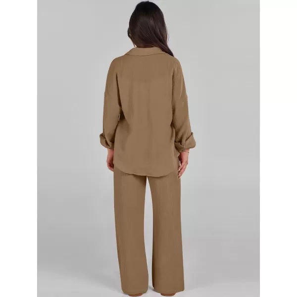 imageANRABESS Women 2 Piece Outfits 2023 Long Sleeve Wide Leg Matching Lounge Sets Fashion Travel Vacation ClothingBrown